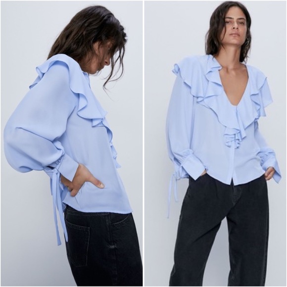 Zara Soft Blue Ruffle Neck Button Down Flared Sleeve Blouse - Picture 2 of 11